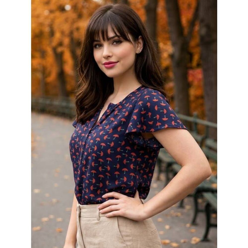 🔺️Blue w/Red & Green Umbrella Short Flutter Sleeve Top Small